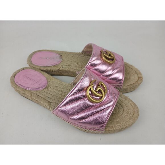 Gucci Marmont Metallic Pink Rosa Flat Slide Espadrille Quilted Matelassé Size 37 - Picture 1 of 8